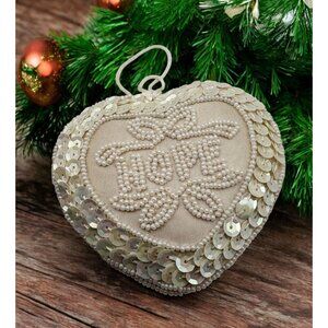 Vintage Heart Shaped Hope Christmas Tree Ornament Beaded with Sequin Border